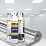 Spray-Lock FRP adhesive — three cans shown with a roll of SCIF radiant barrier foil